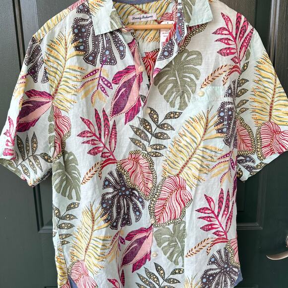 NWT Tommy Bahama Retro Vines Shirt Aqua M Linen TENCEL Hawaiian Island Print - Picture 3 of 8